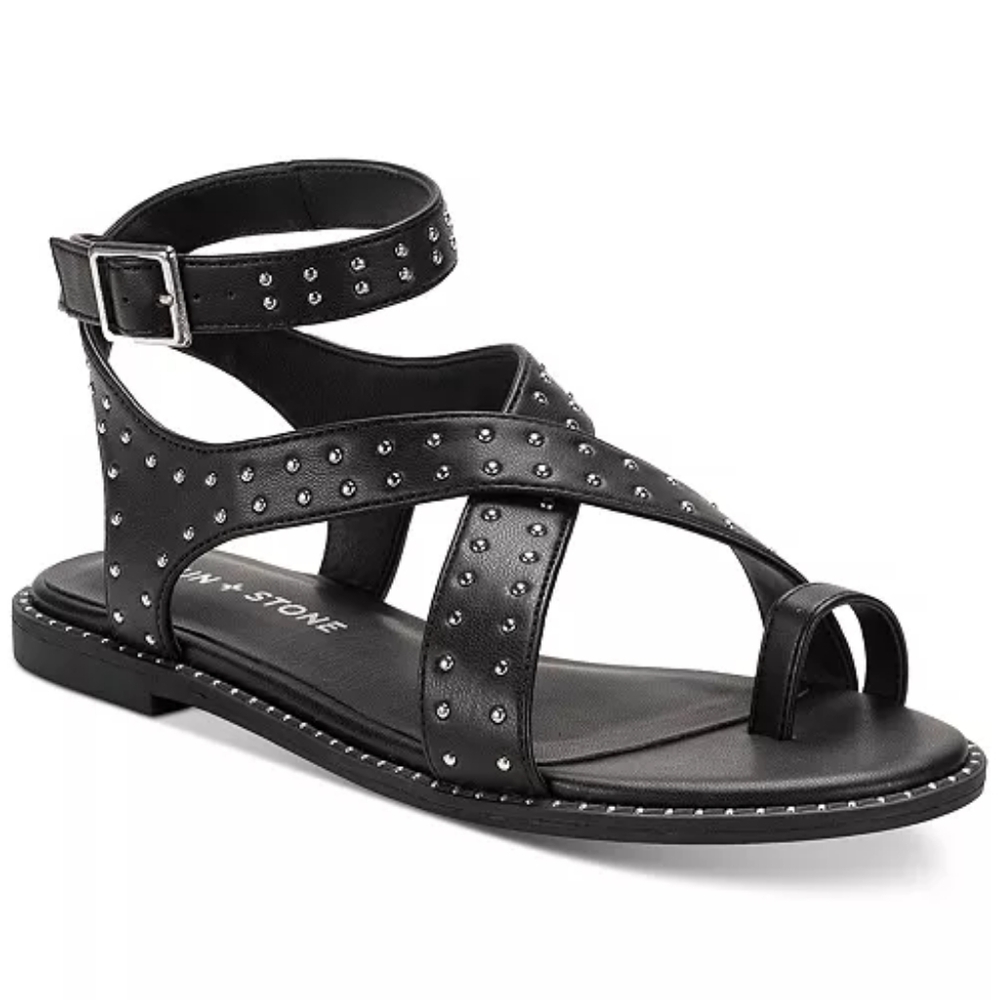 NWB Sun‎ + Stone Carterr Studded Toe Loop Strappy Flat Sandals Black 7.5